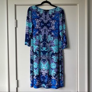 Maggy London Blue Floral Jersey Sheath Dress